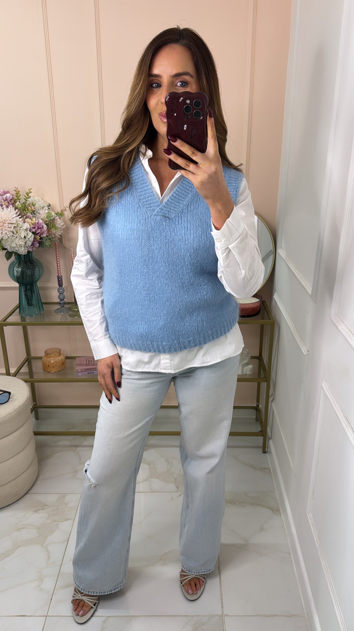 CASSIE powder blue v front sleeveless jumper