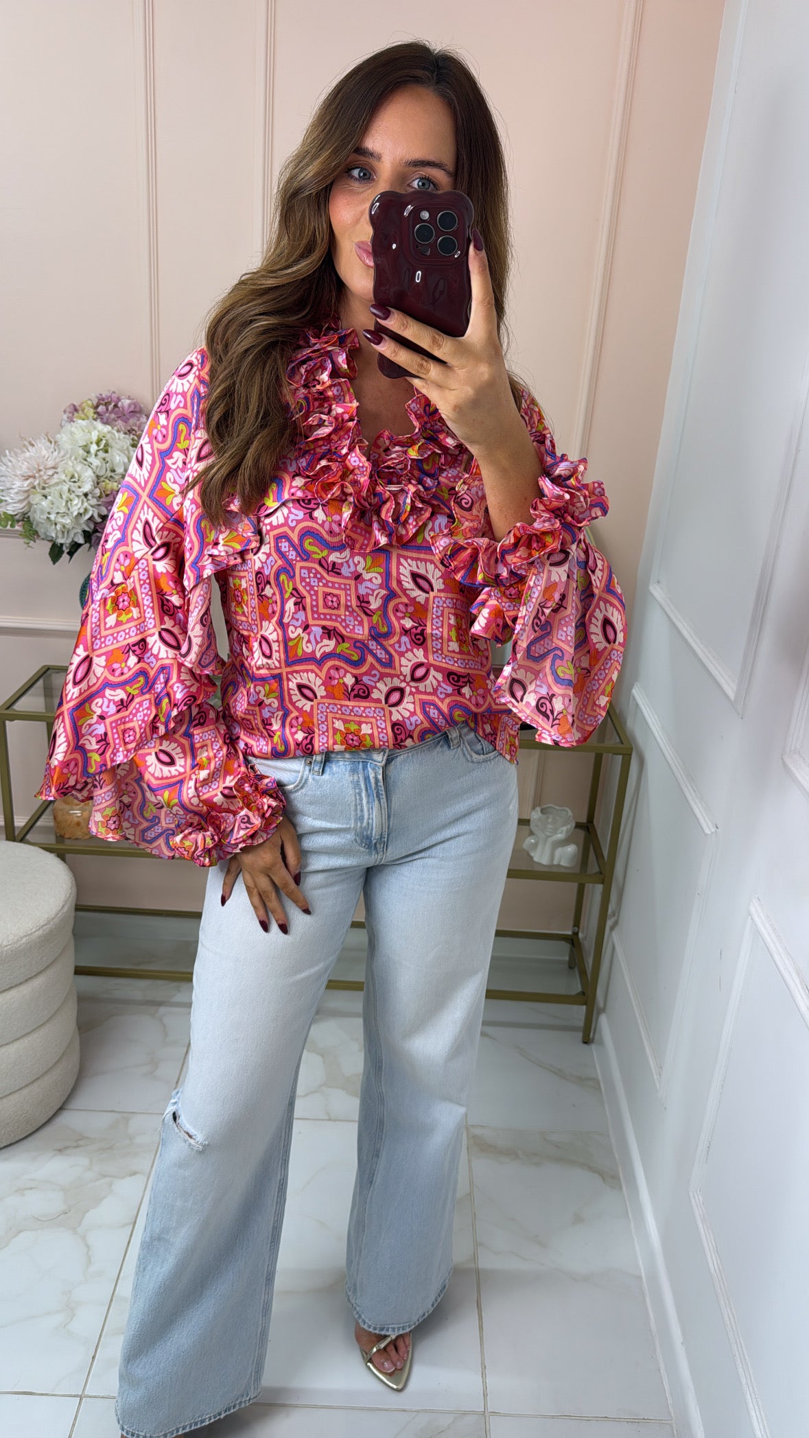 SAMMIE pink printed ruffle blouse