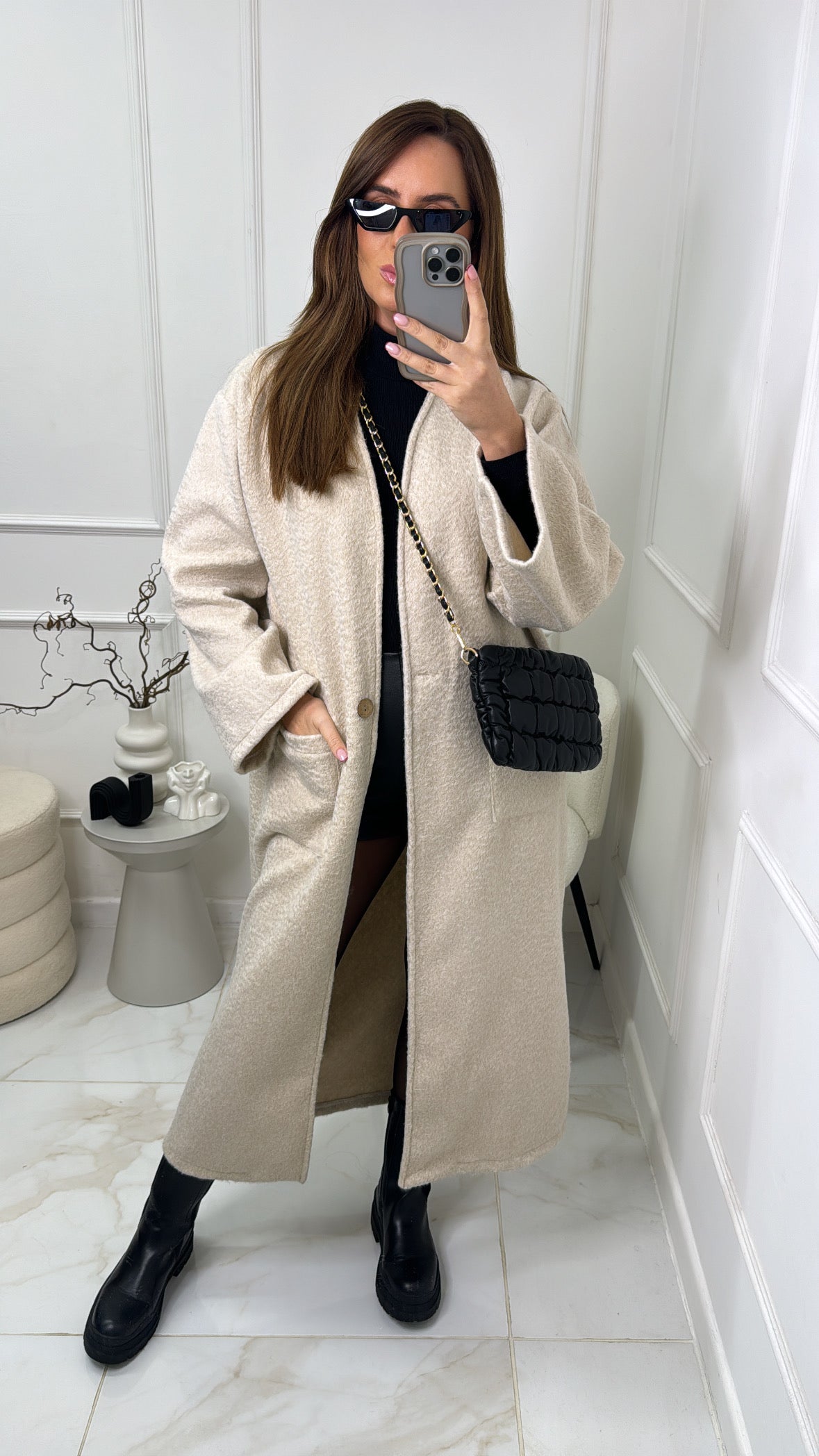 KAYA cream textured longline duster coat