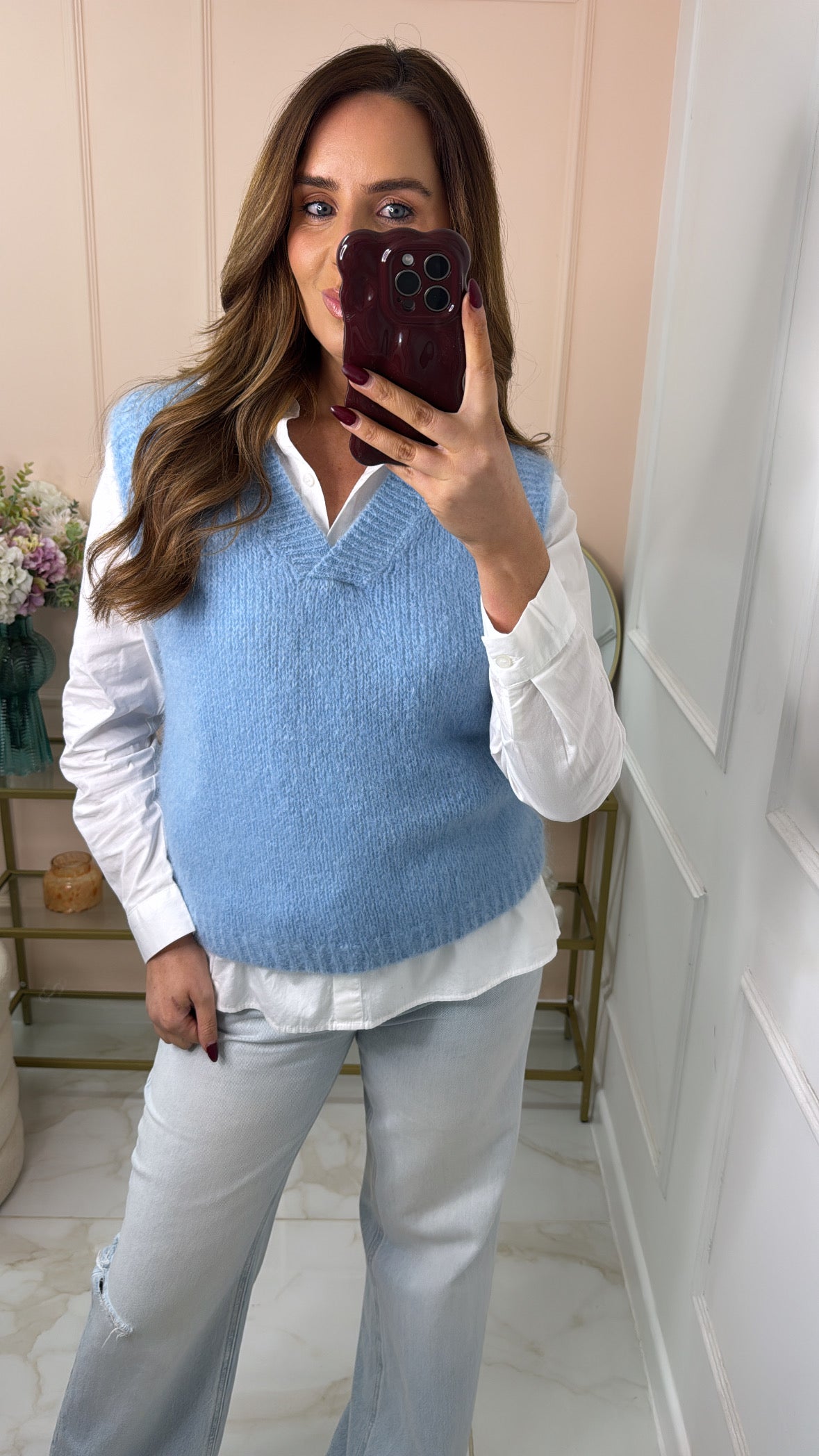 CASSIE powder blue v front sleeveless jumper