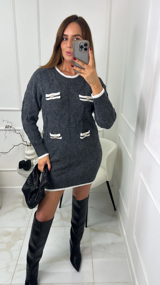 LOLA grey cable knit button jumper dress