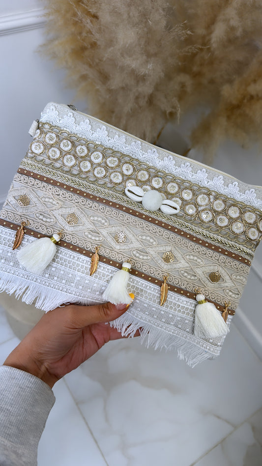 AMIRAH cream tassel embroidered clutch