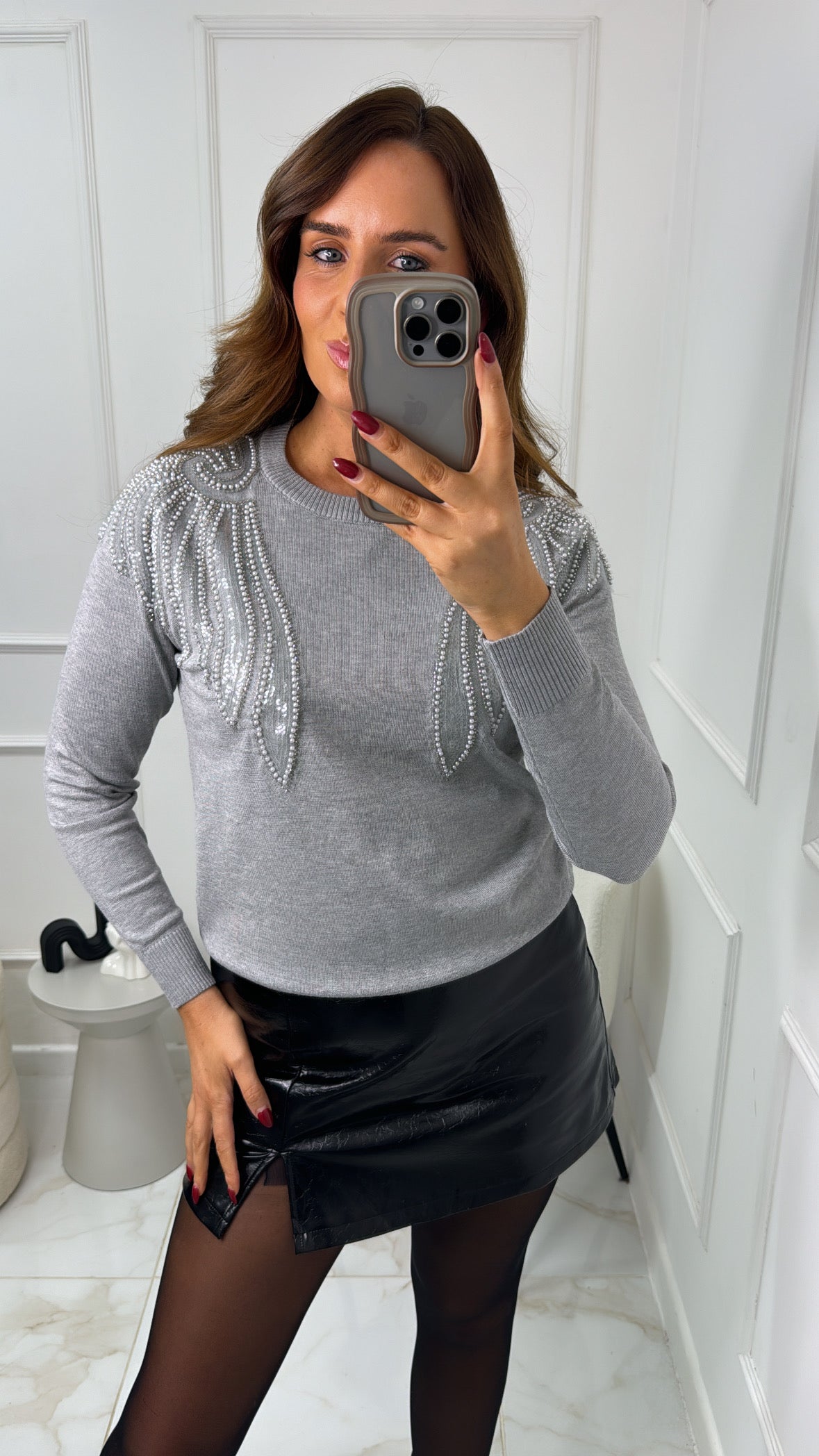 BEKI grey embellished fine knit jumper