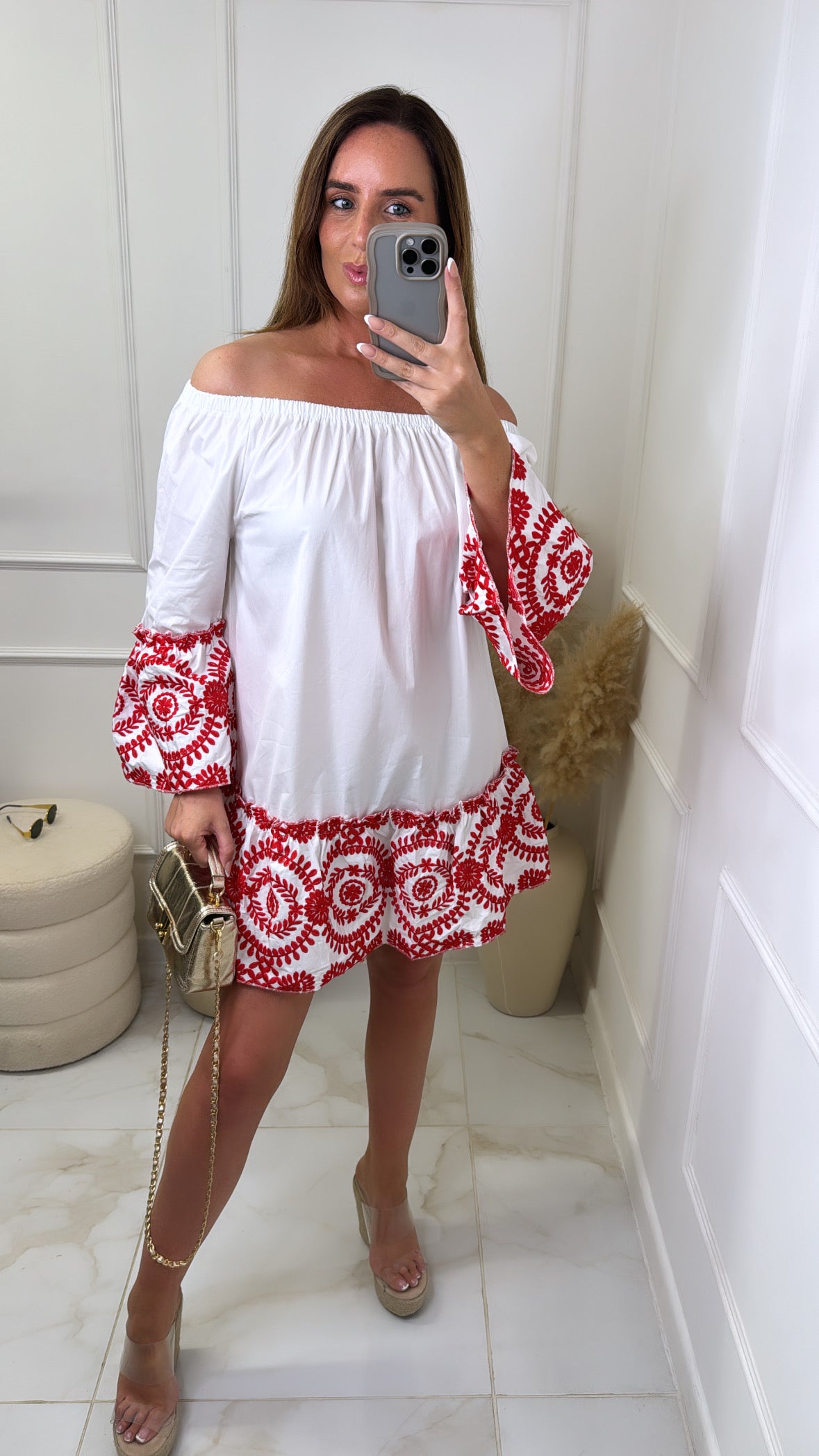 NINA red & white embroidered summer dress