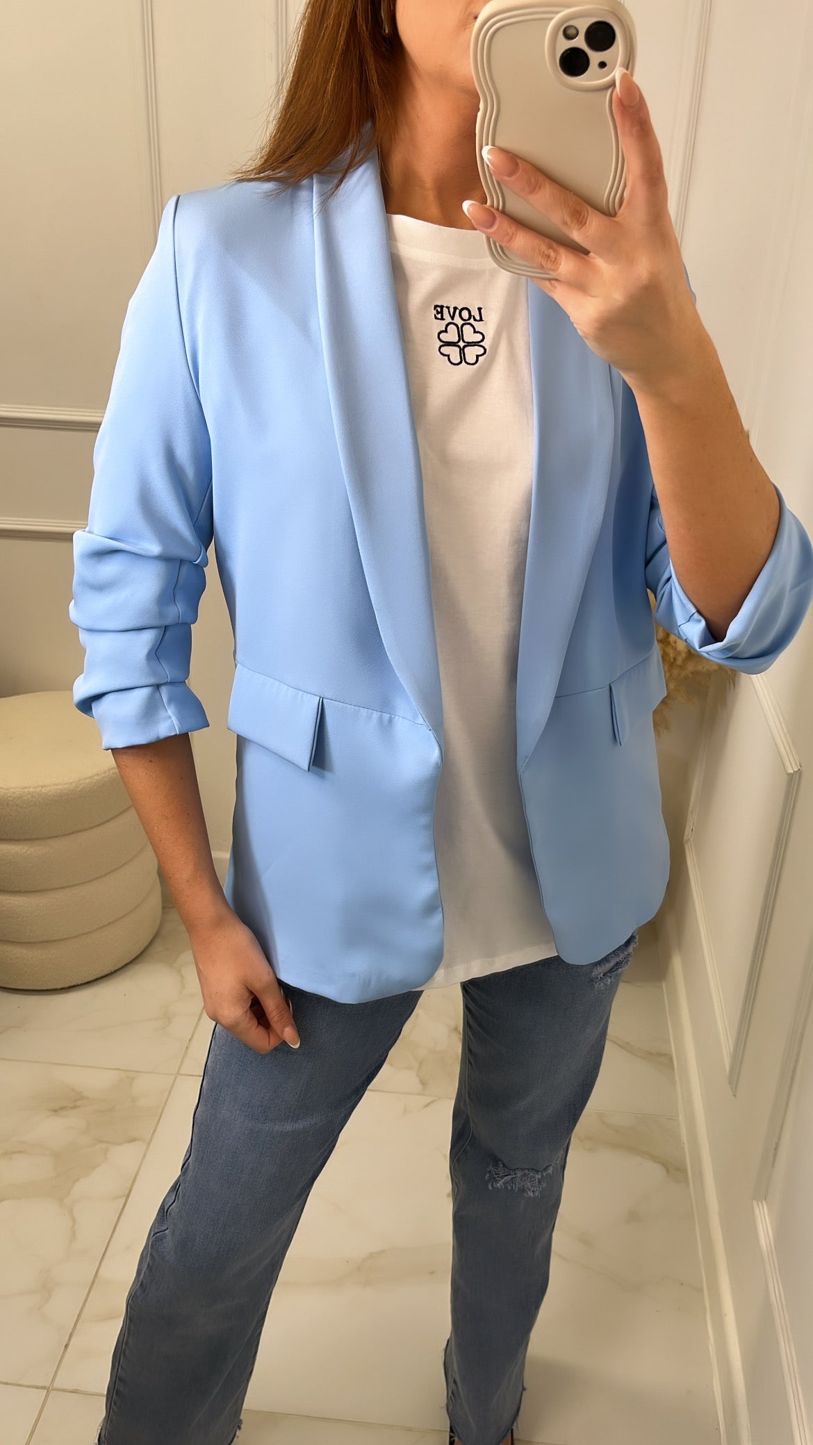 LACEY powder blue ruched sleeve blazer