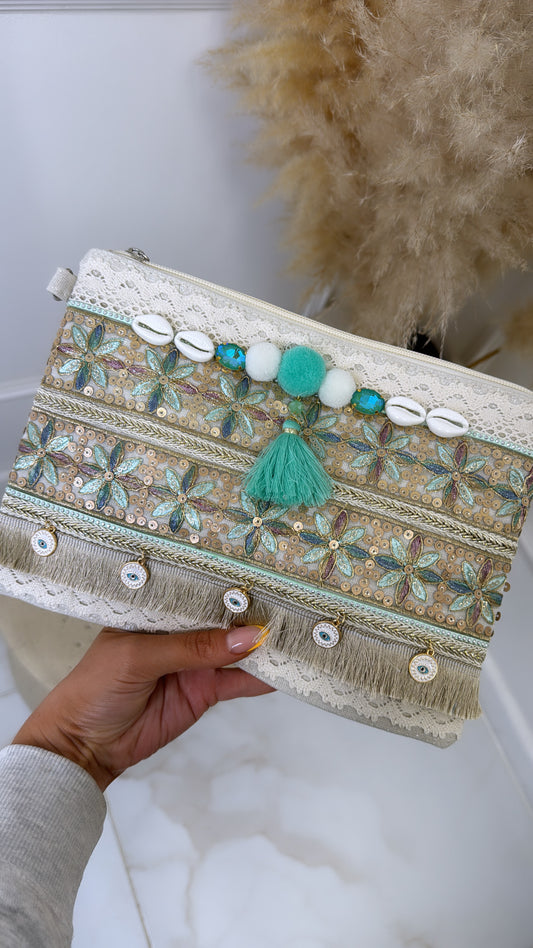 ROCHELLE mint tassel embroidered clutch