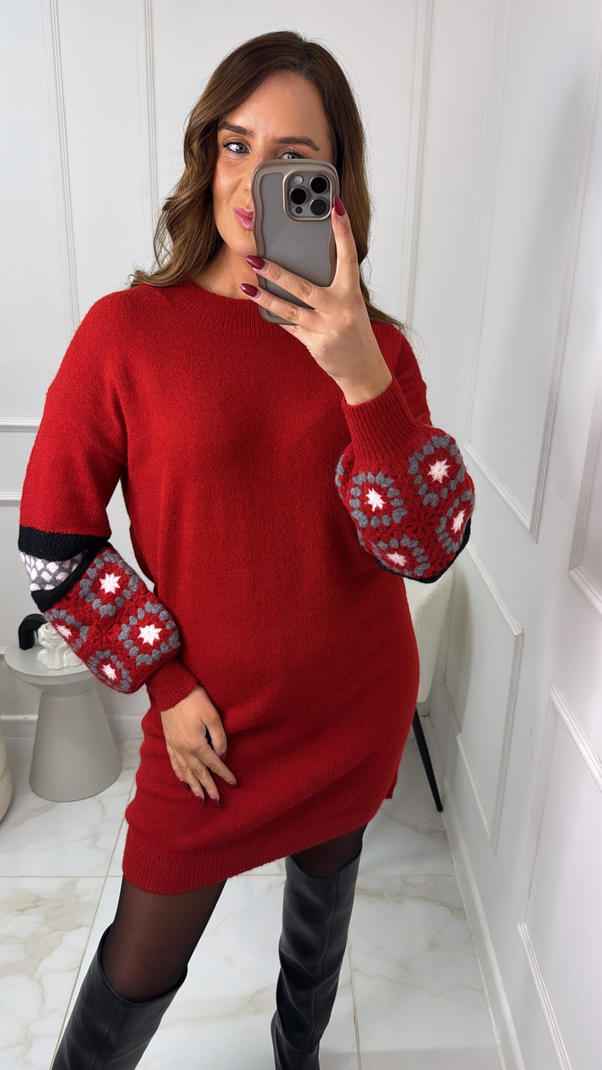 ELLA red crochet sleeve jumper dress