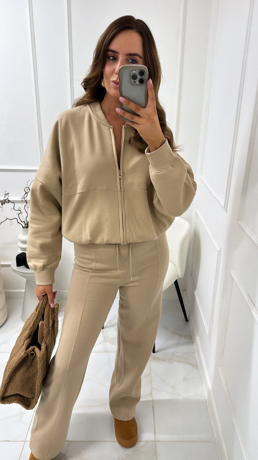 NINA beige bomber zip front lounge set