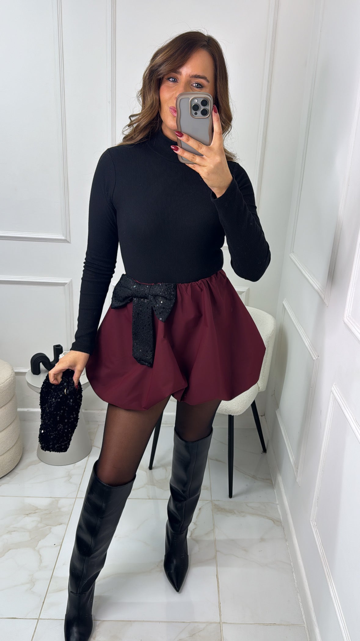 ELLIE burgundy sequin bow puffball skirt