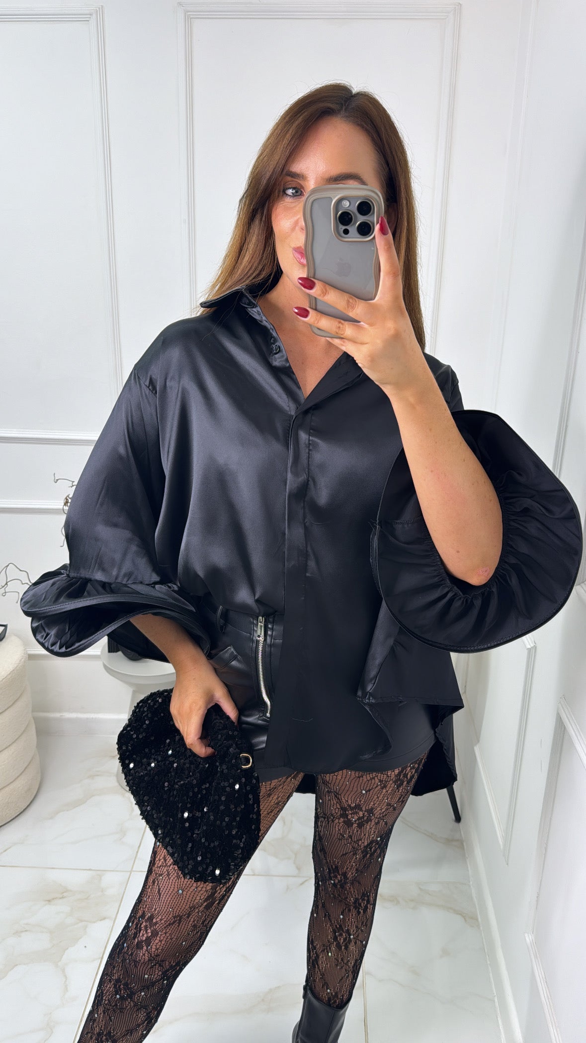 NOVA black satin exaggerated cuff shirt