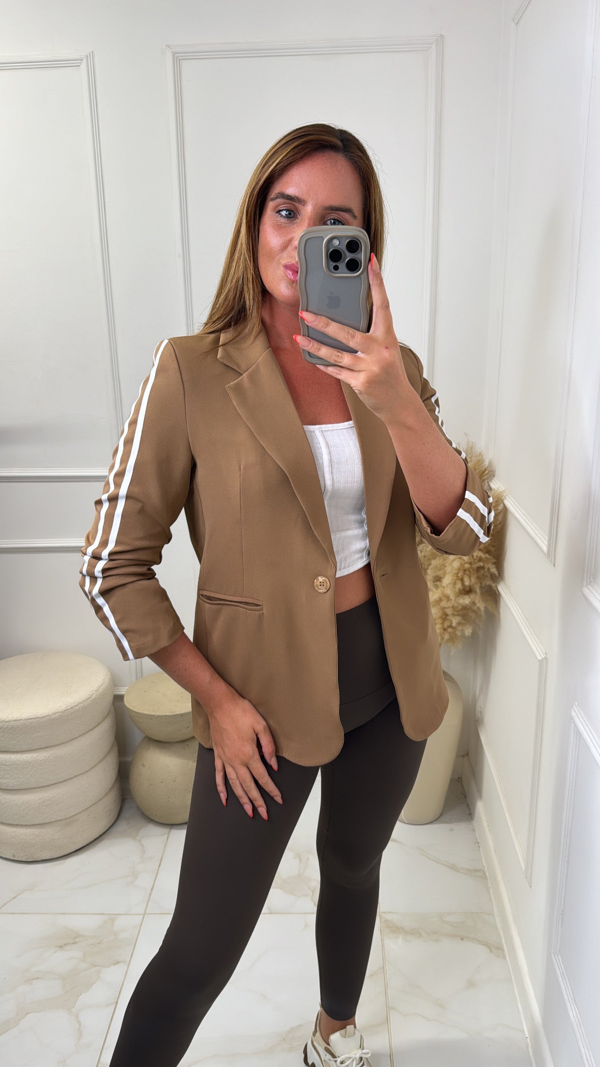 ELISE camel contrast stripe ruched blazer