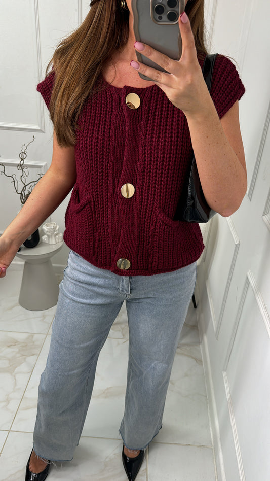 EMILY burgundy button detail knit waistcoat