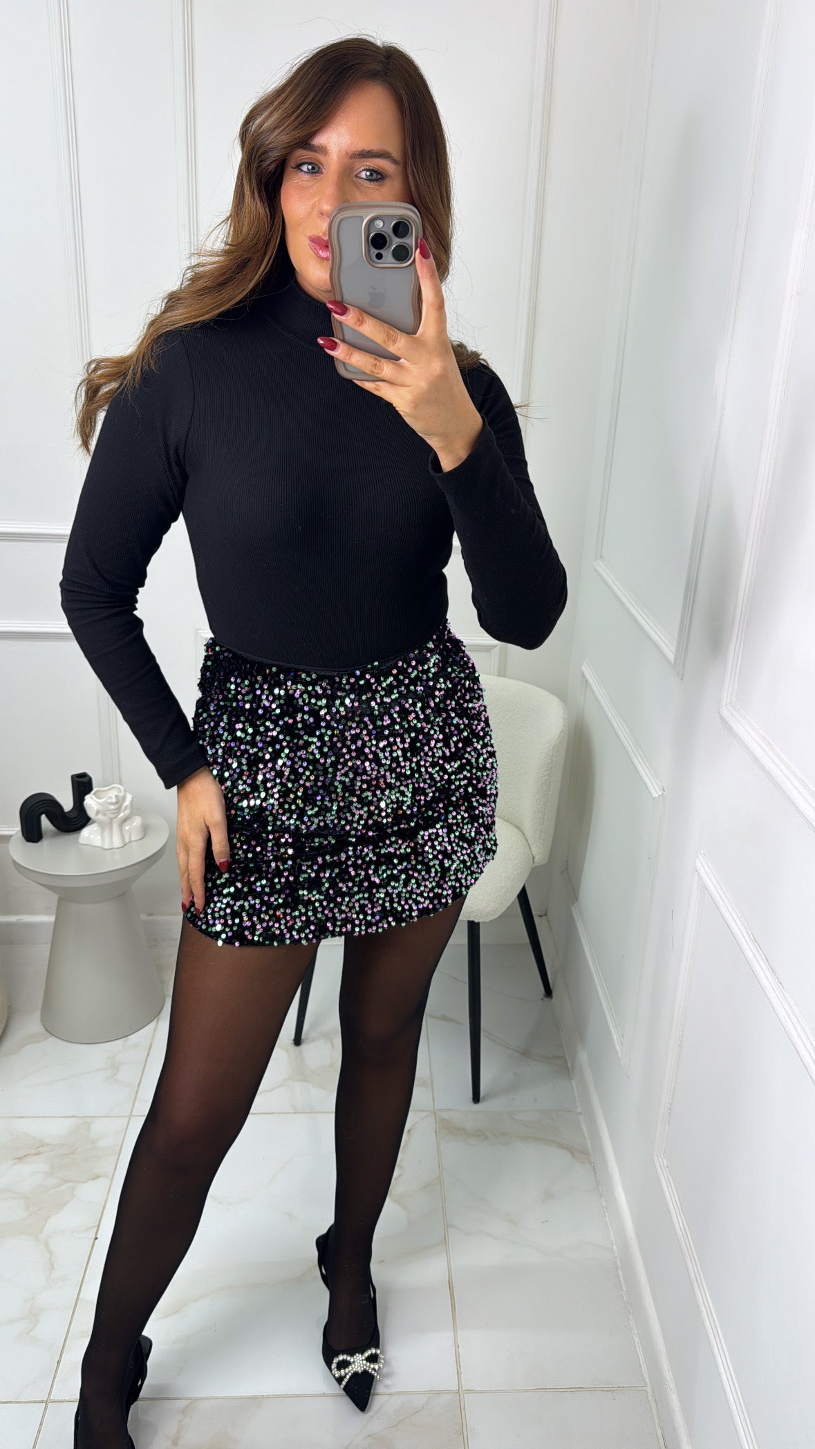 AVA green velvet sequin mini skirt