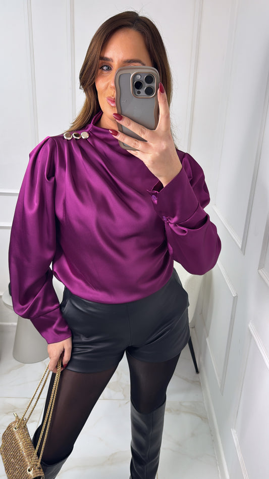 LEANNE plum satin button blouse