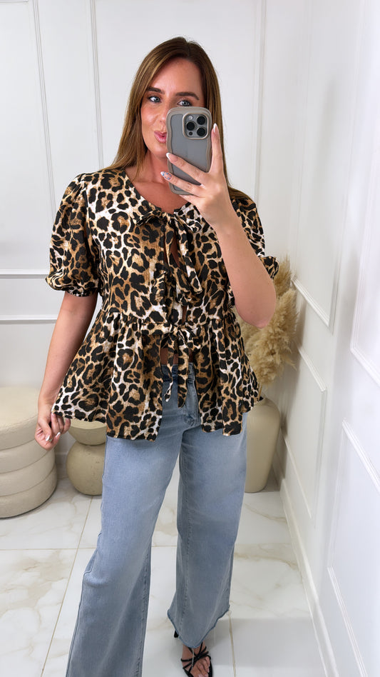 GRACIE leopard tie front cheesecloth top