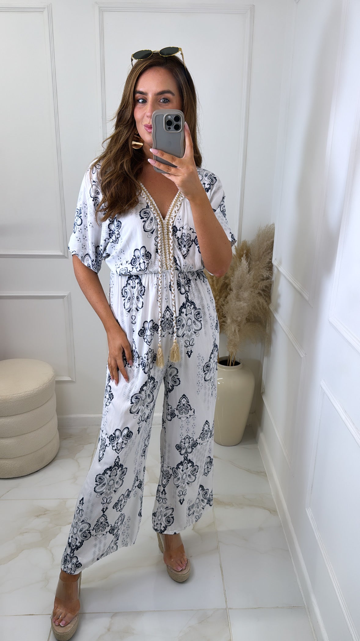 BONNIE white printed tassel jumpsuit