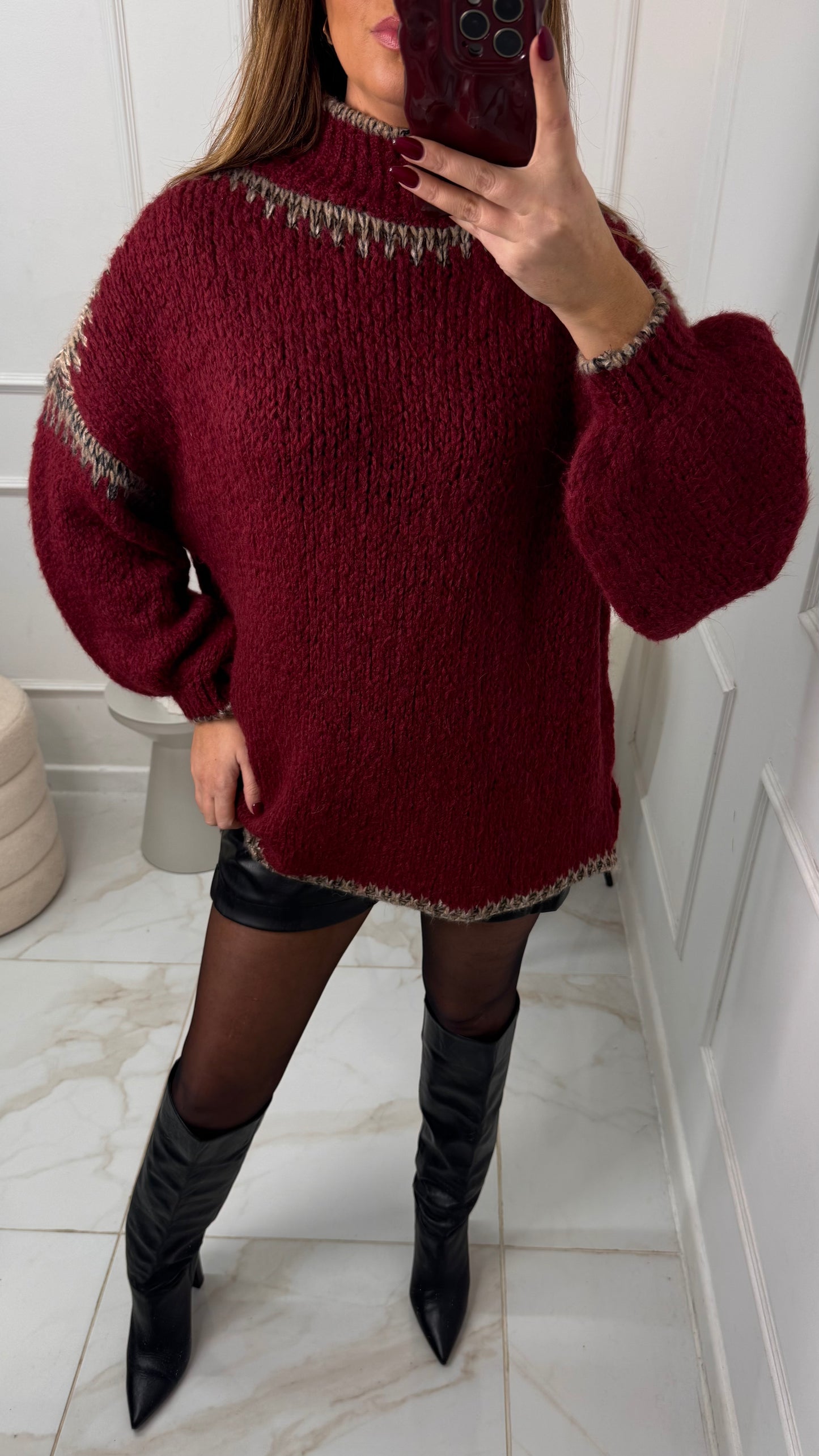 SHARNA burgundy contrast stitch knit jumper