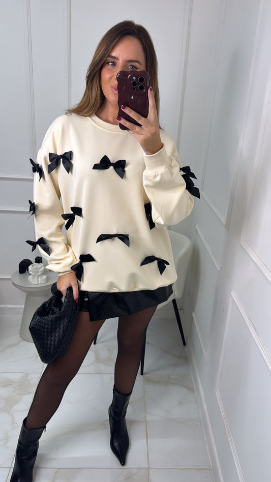 LYDIA cream satin bow sweatshirt