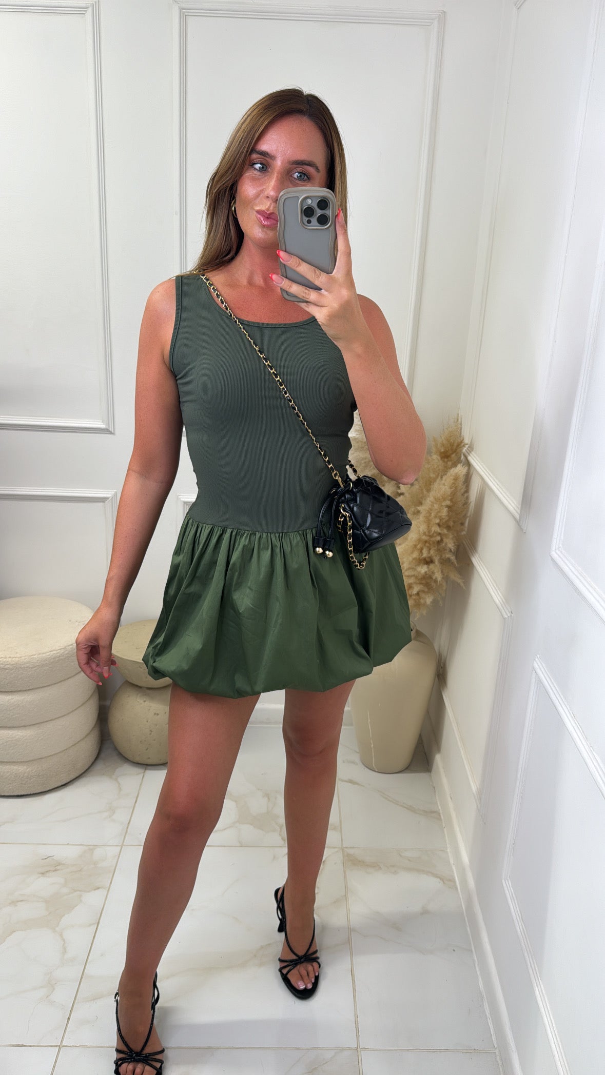 LEXIE khaki puff ball mini dress