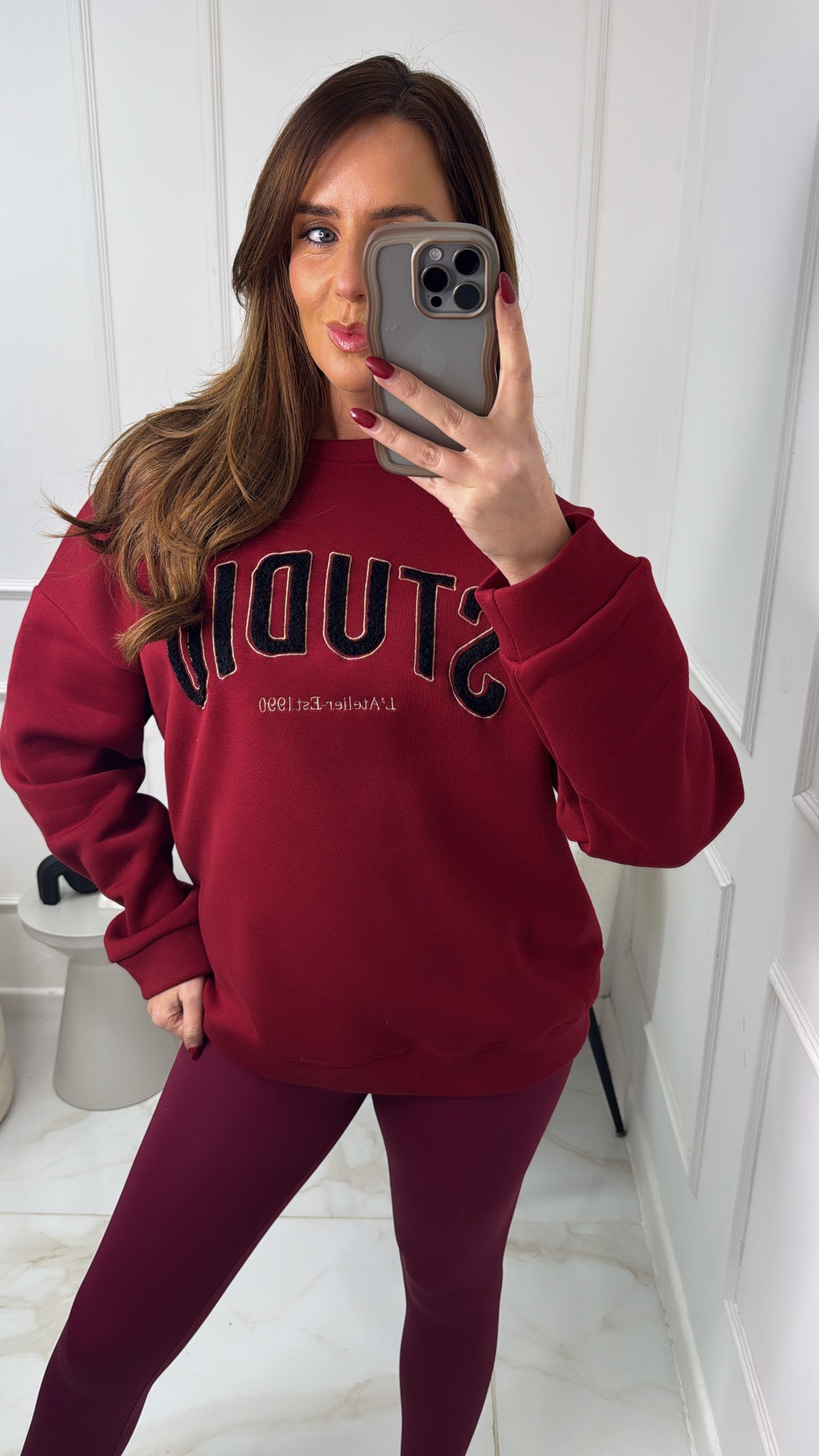 RUBY burgundy studio teddy slogan sweater