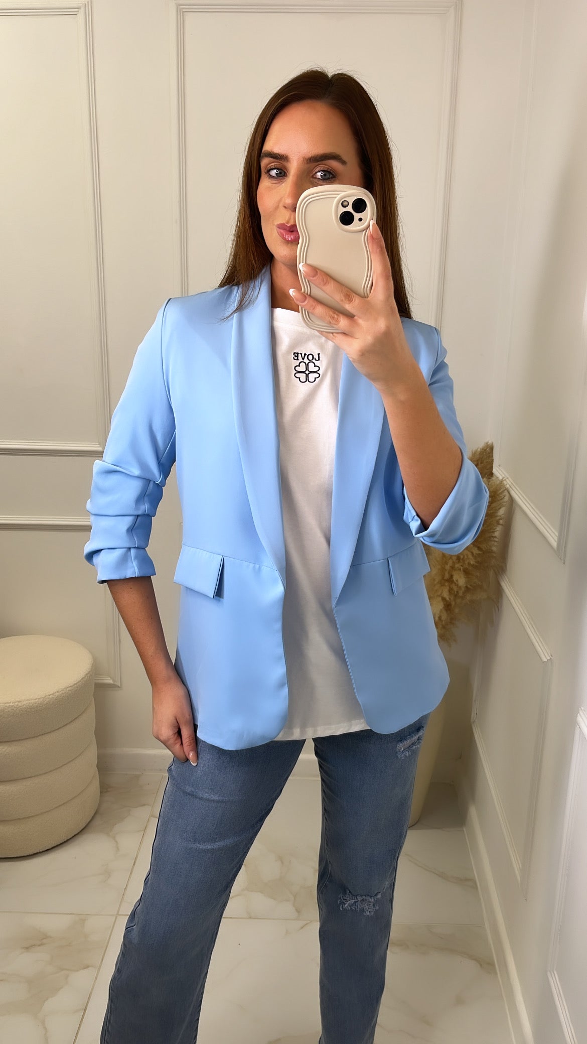 LACEY powder blue ruched sleeve blazer