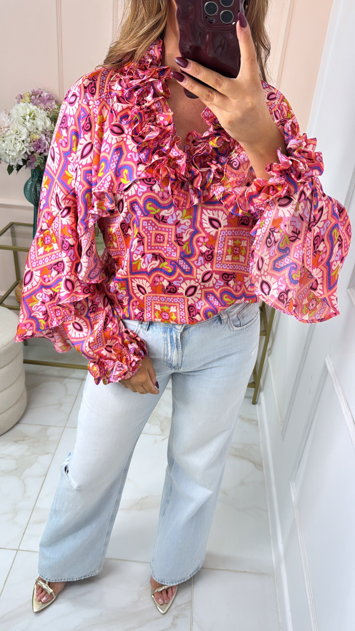 SAMMIE pink printed ruffle blouse