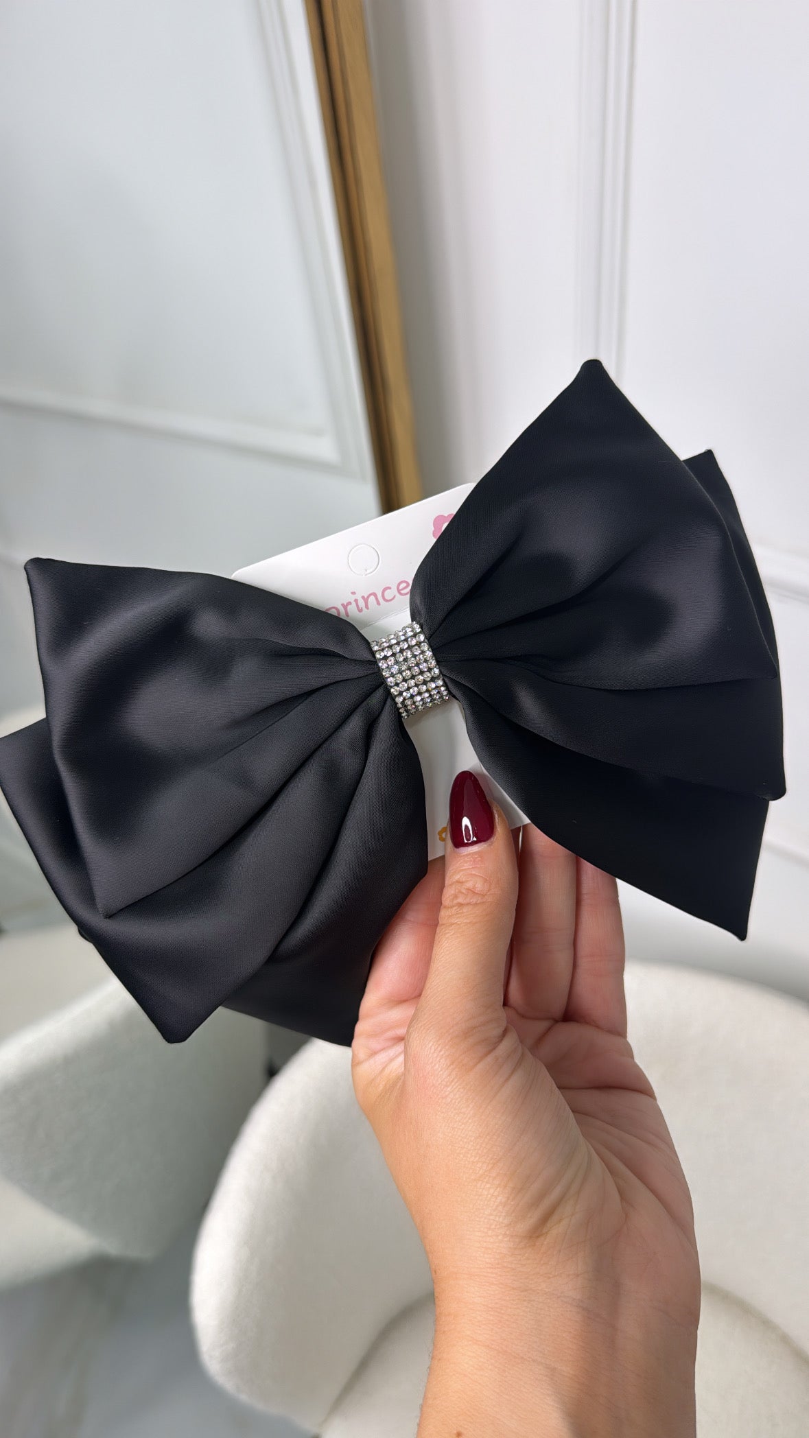 LOLA black satin diamante bow