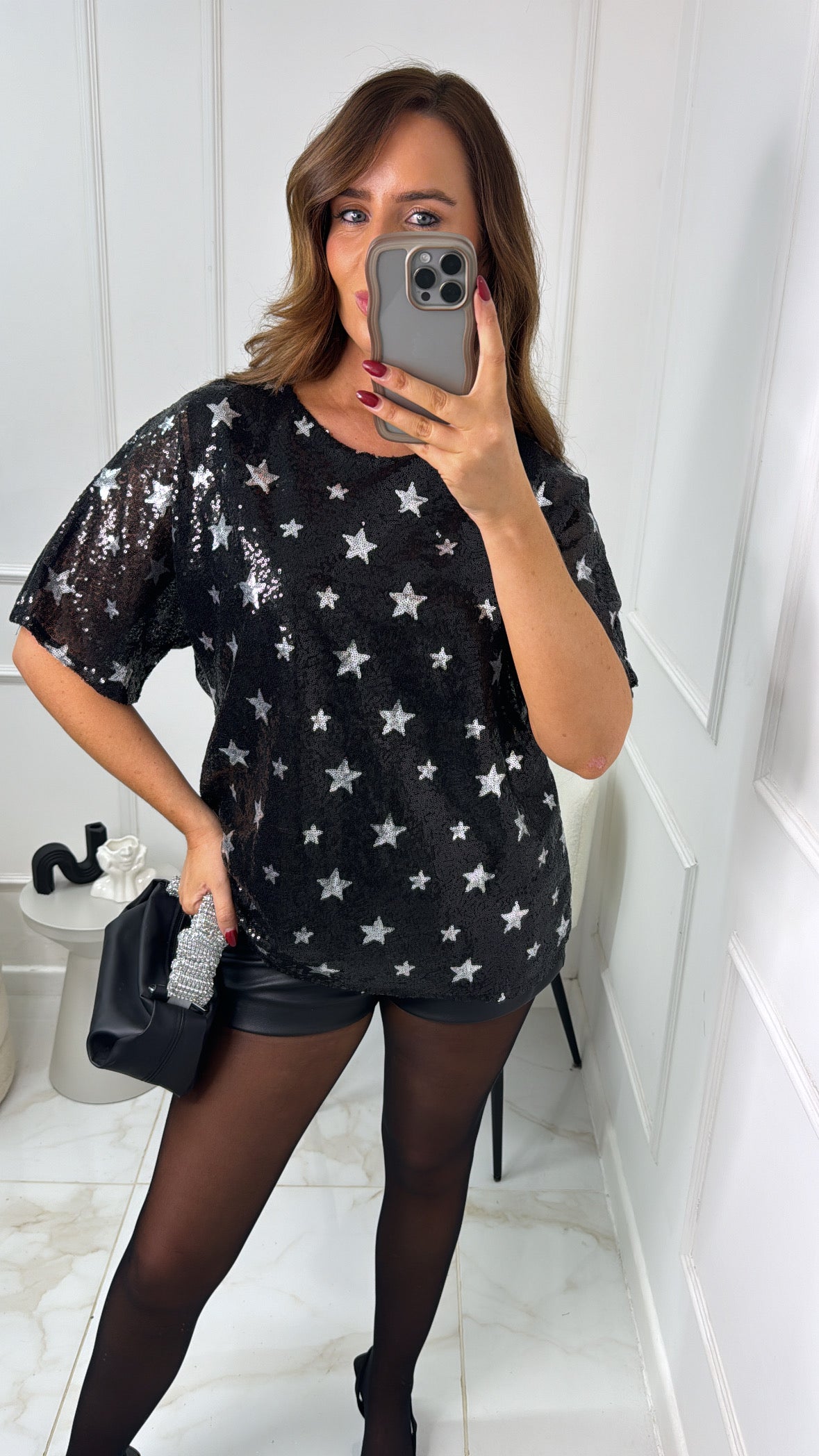 ISABELLE black star sequin boxy tee