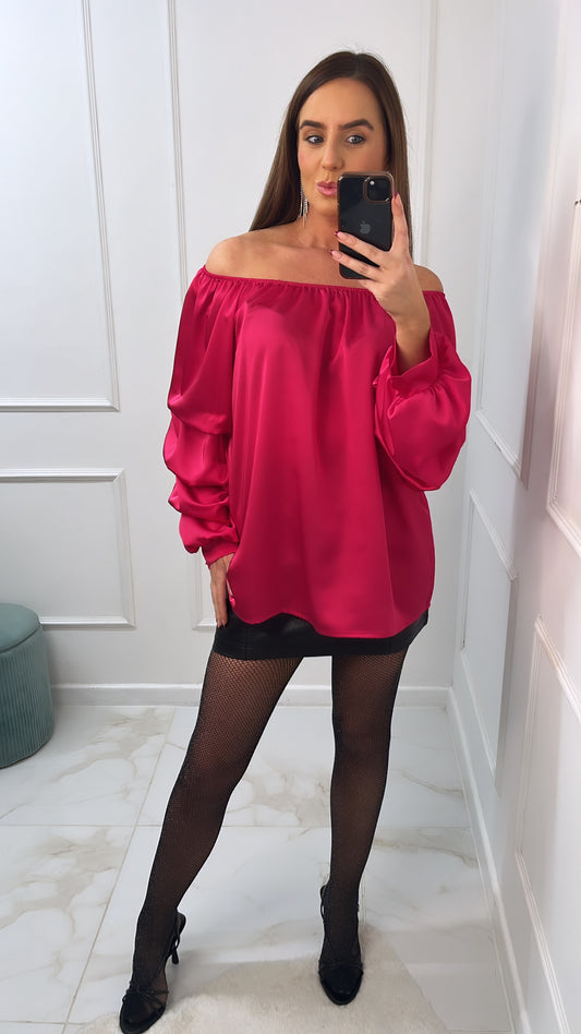 VIOLET fuchsia ruched sleeve satin top