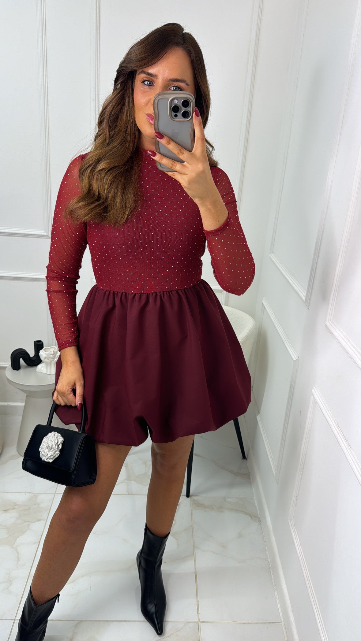 SHARNA burgundy diamante puffball dress