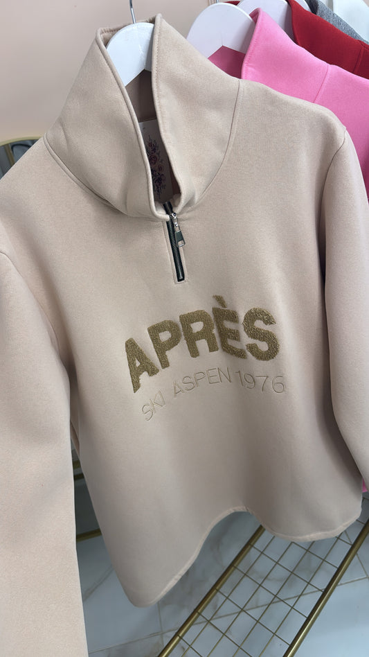 APRES beige borg embroidered half zip sweater