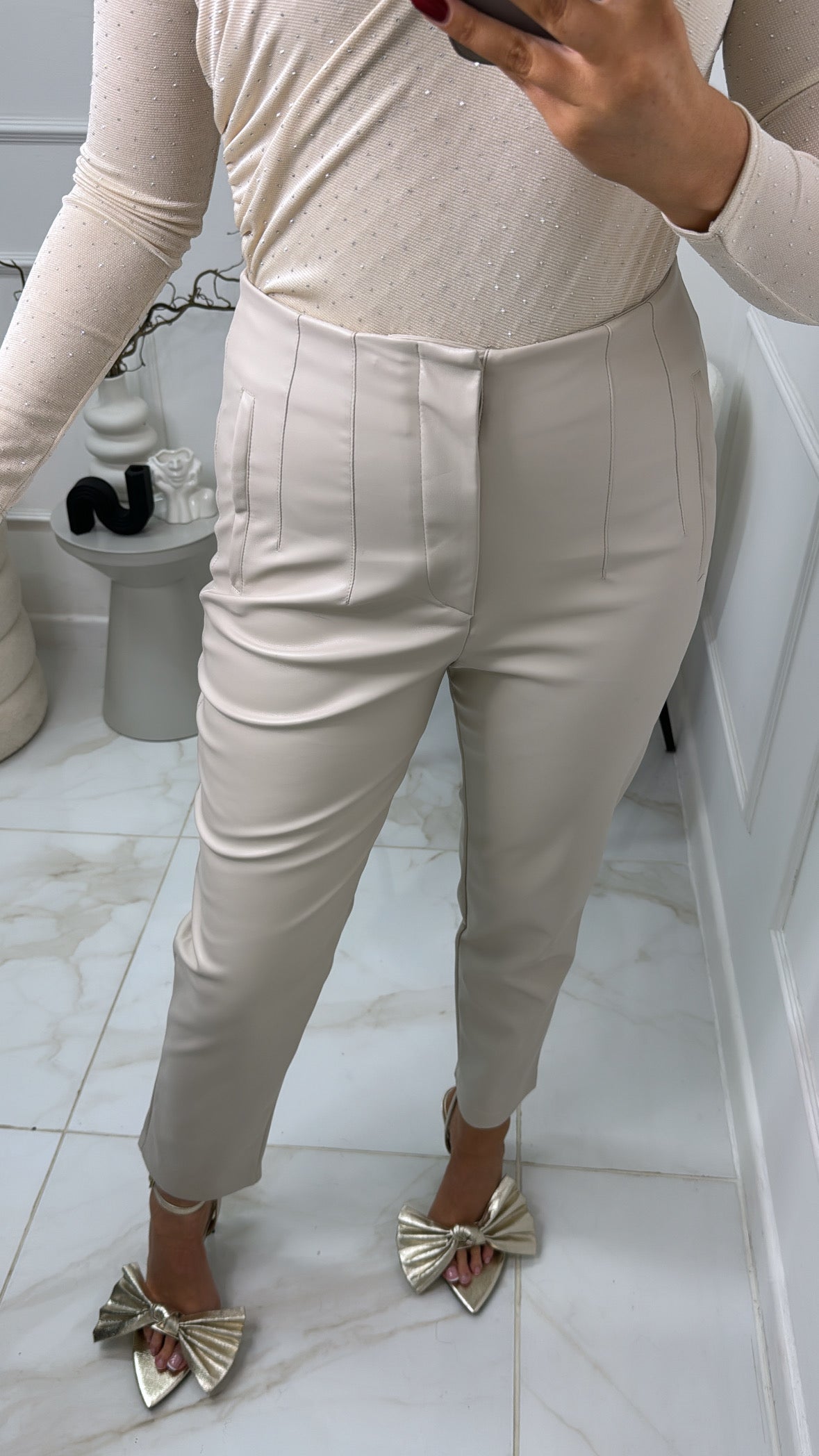 POLLY cream faux leather straight leg high waisted trousers