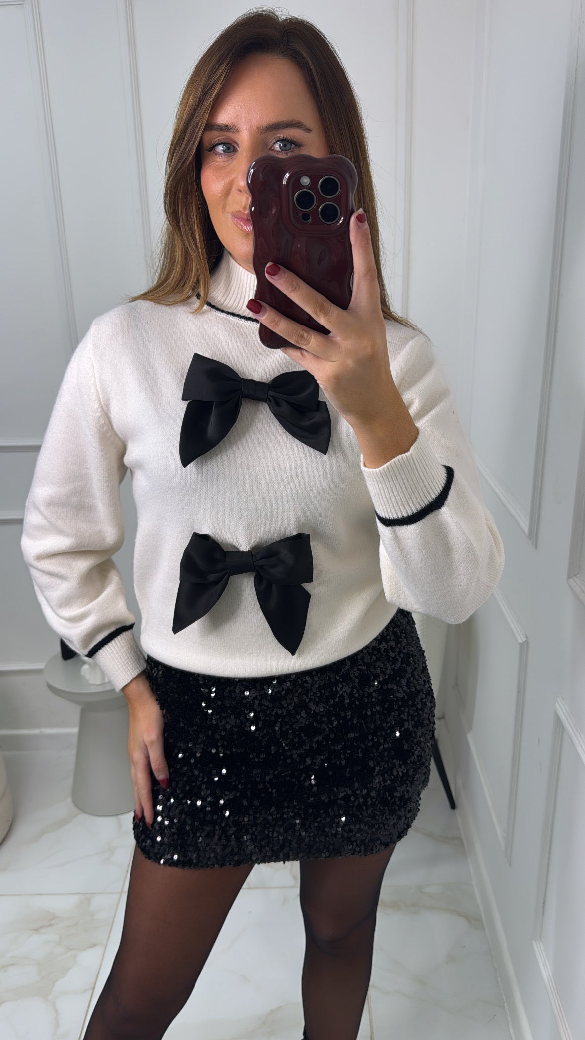 JOSIE cream black bow soft knit jumper