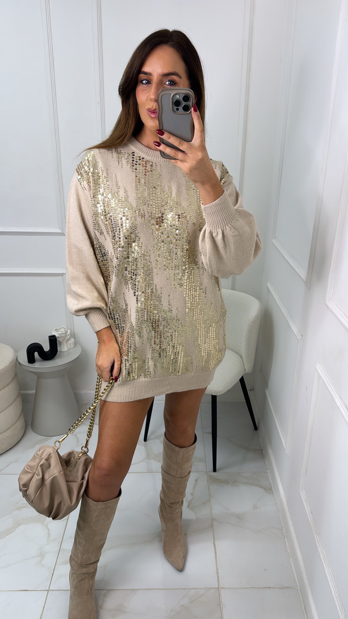 RAINE beige gold sequin jumper dress