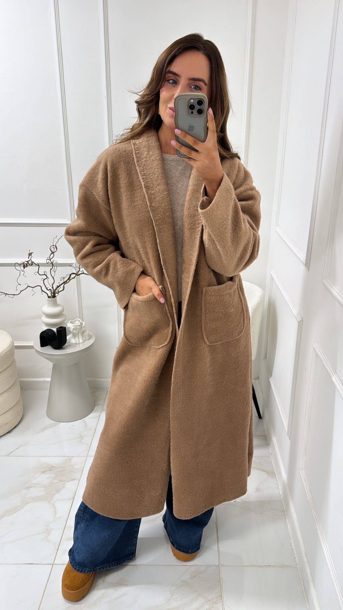 NAOMI camel wool effect longline duster jacket