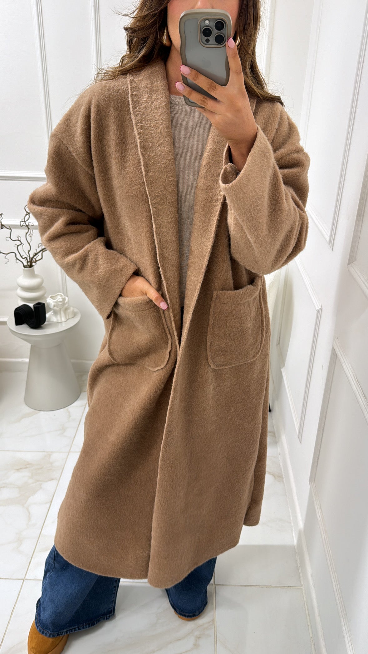 NAOMI camel wool effect longline duster jacket