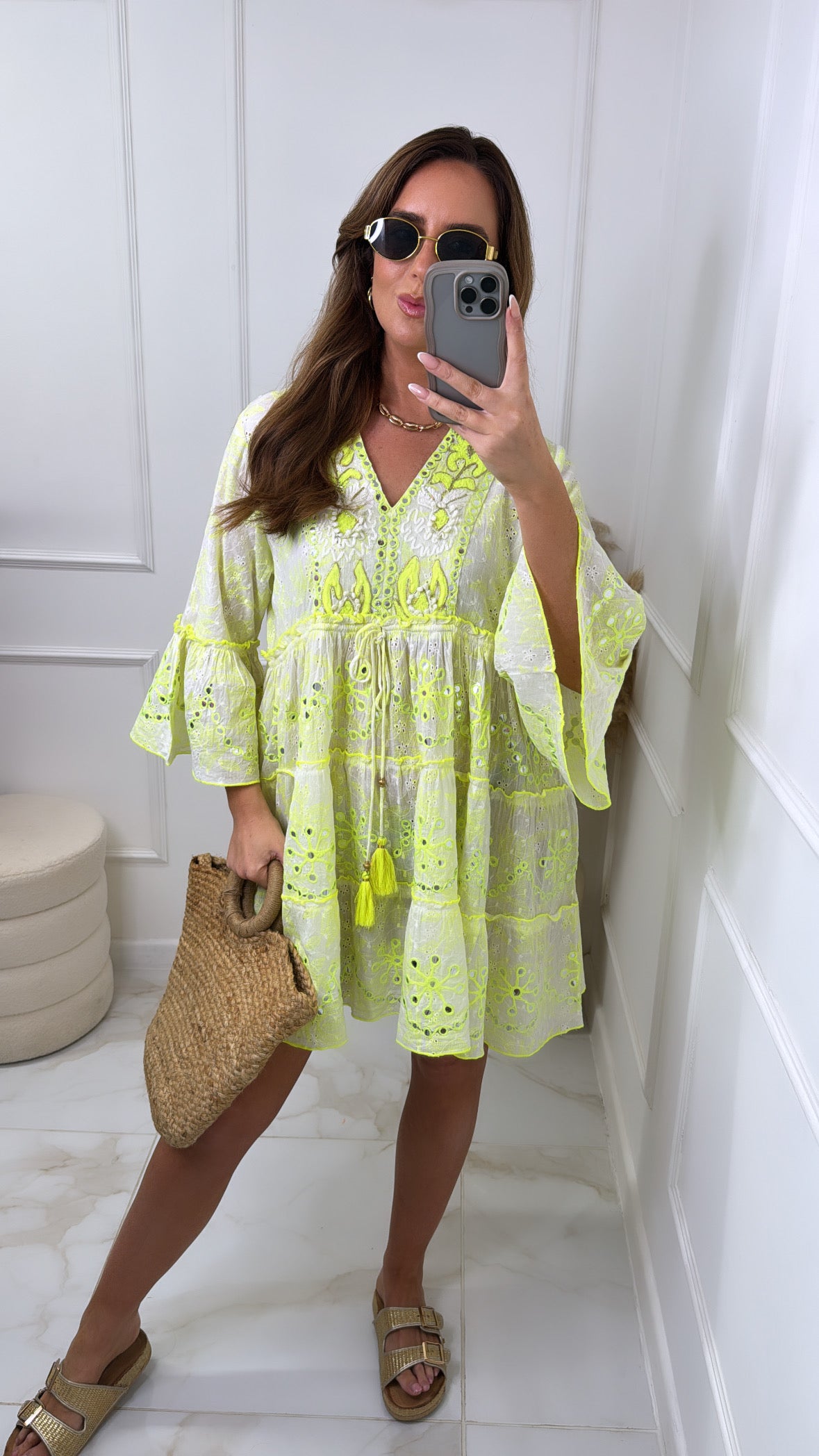 FAITH lime embroidered tassel smock dress