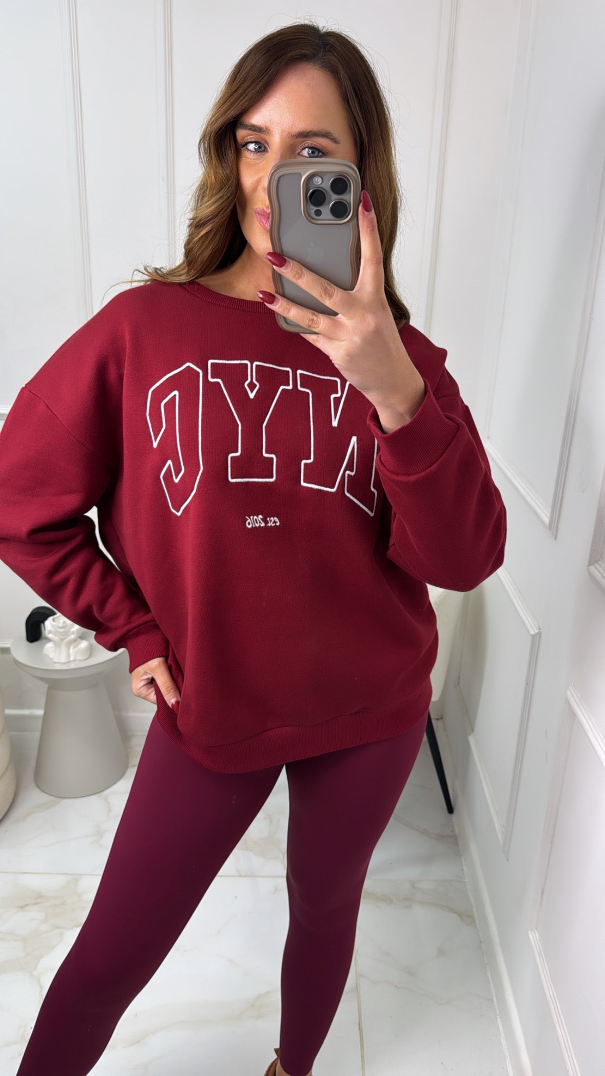 NYC burgundy & white embroidered oversized sweater