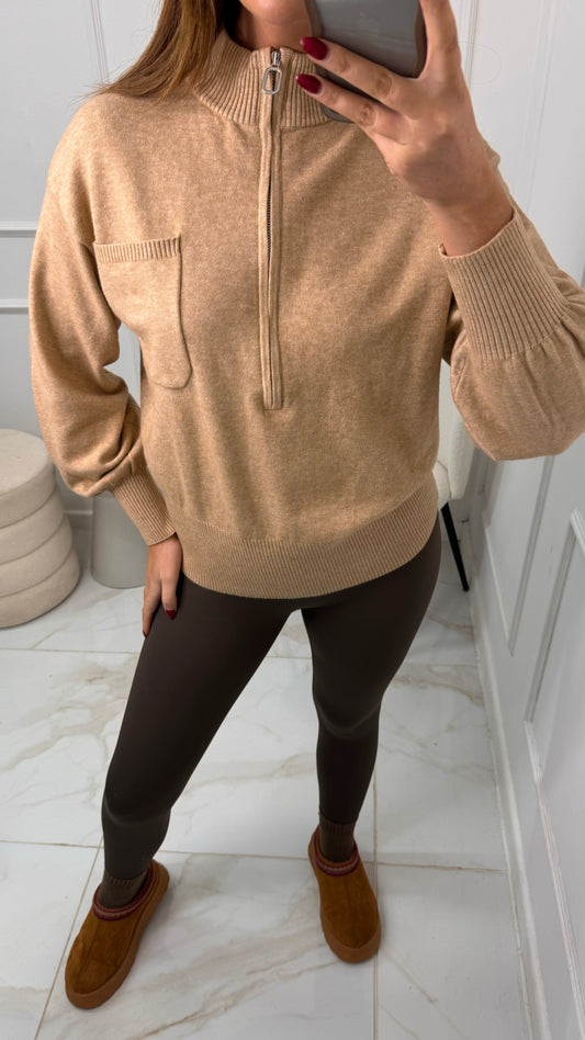 CALLIE camel soft knit half zip sweater