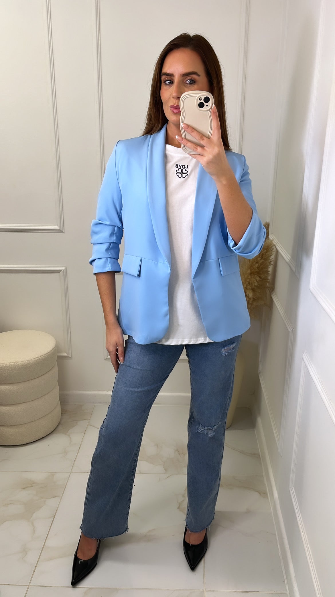 LACEY powder blue ruched sleeve blazer