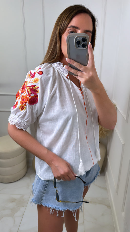 OPHELIA white & orange linen blouse