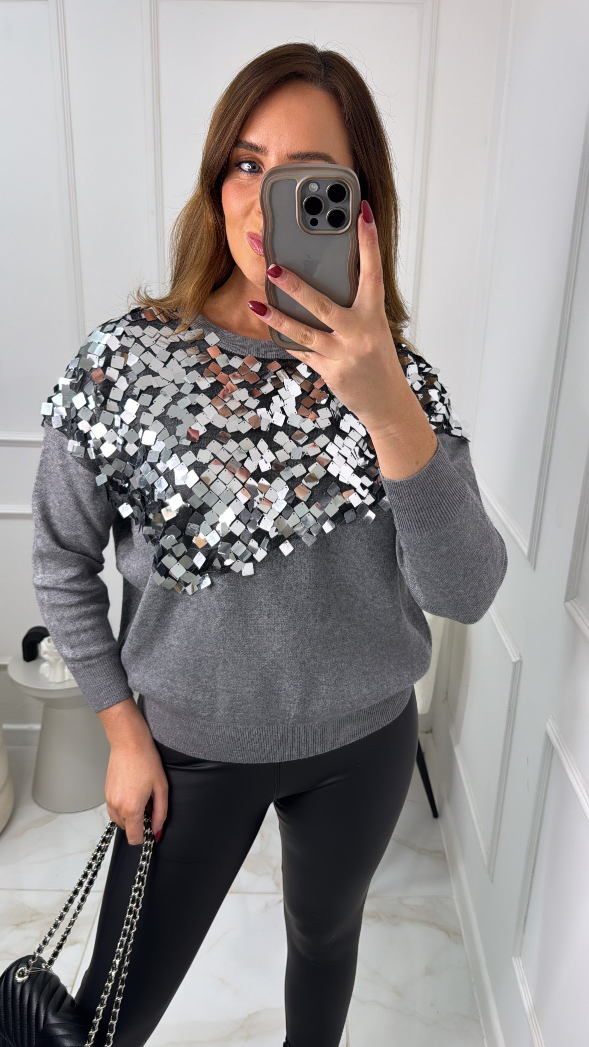 GRACE grey sequin detail soft knit jumper