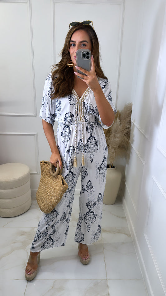 BONNIE white printed tassel jumpsuit