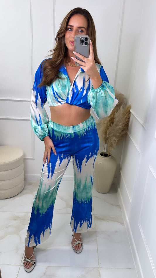 TESSA blue satin printed trouser set