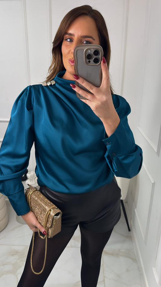 LEANNE teal satin button blouse