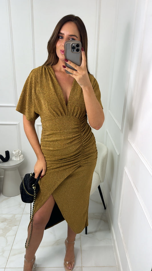 KATIE gold lurex gathered midi dress