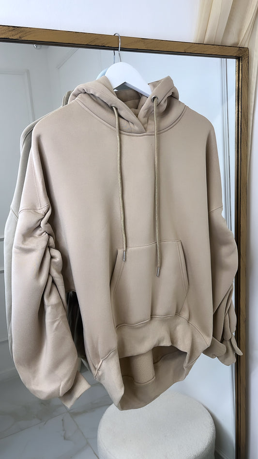 ARIA beige ruched sleeve hoodie