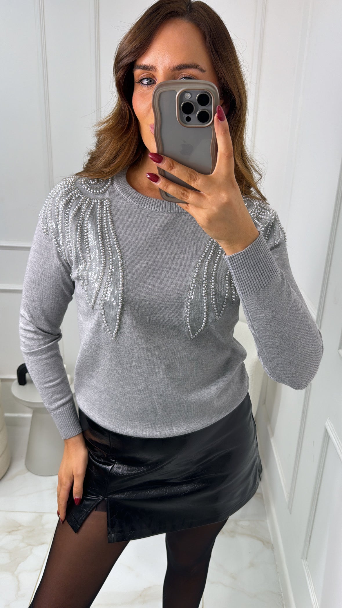 BEKI grey embellished fine knit jumper