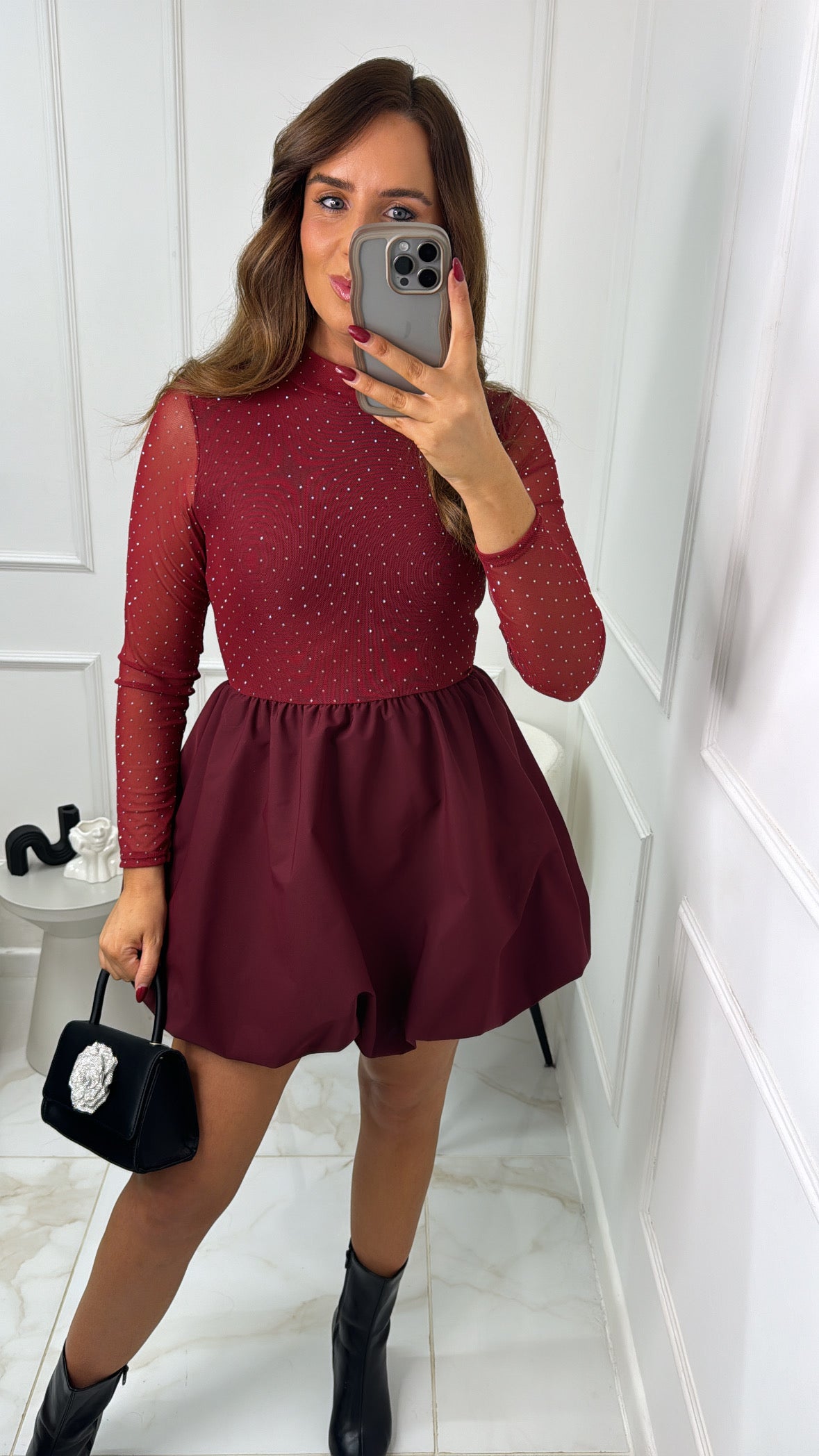 SHARNA burgundy diamante puffball dress