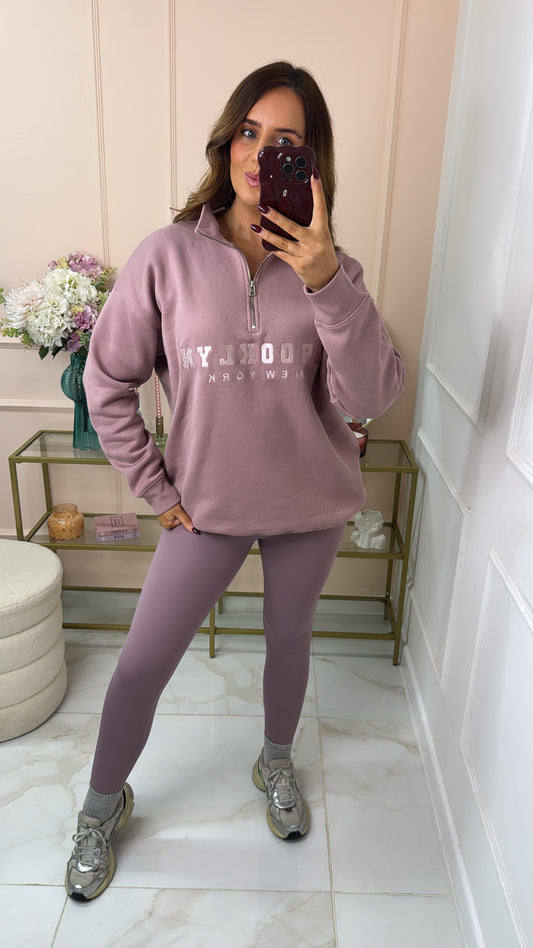 BROOKLYN mauve half zip sweater